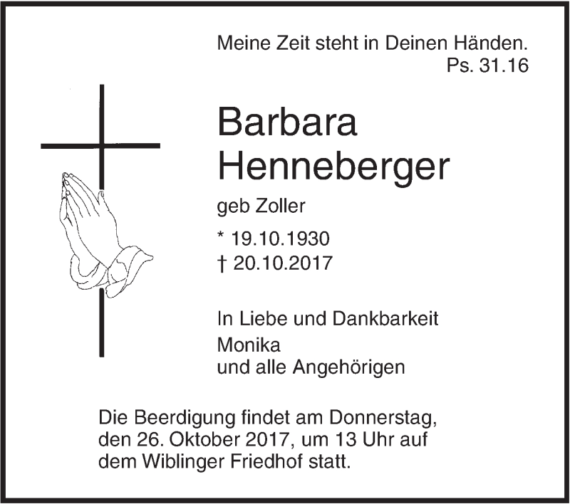  Traueranzeige für Barbara Henneberger vom 24.10.2017 aus SÜDWEST PRESSE Ausgabe Ulm/Neu-Ulm