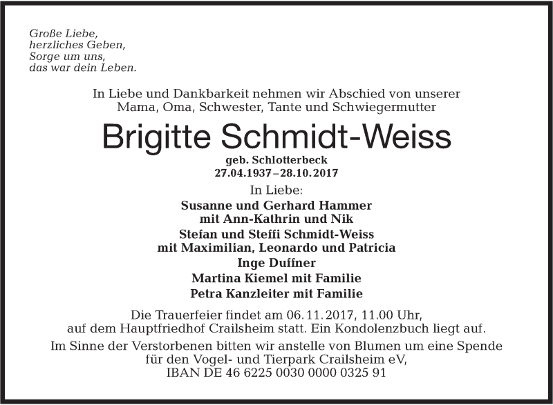  Traueranzeige für Brigitte Schmidt-Weiss vom 02.11.2017 aus Hohenloher Tagblatt