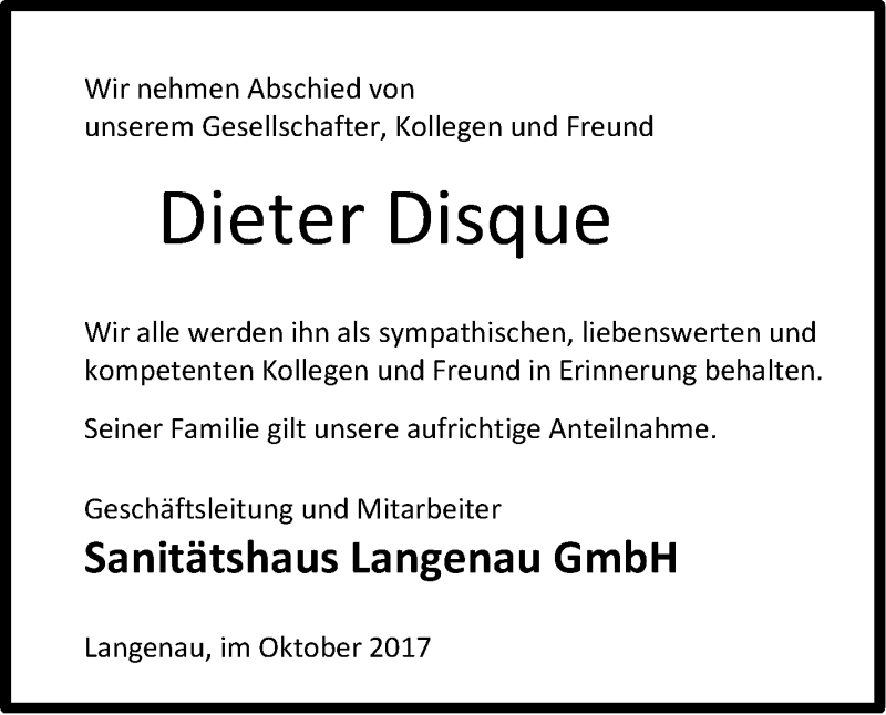  Traueranzeige für Dieter Disque vom 26.10.2017 aus SÜDWEST PRESSE Ausgabe Ulm/Neu-Ulm