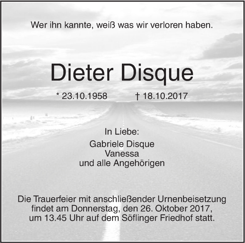 Traueranzeige für Dieter Disque vom 23.10.2017 aus SÜDWEST PRESSE Ausgabe Ulm/Neu-Ulm