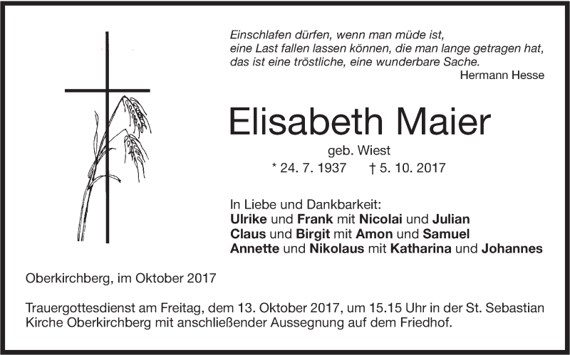  Traueranzeige für Elisabeth Maier vom 09.10.2017 aus SÜDWEST PRESSE Ausgabe Ulm/Neu-Ulm