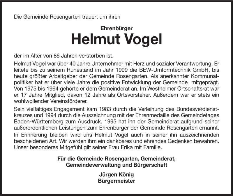  Traueranzeige für Helmut Vogel vom 07.10.2017 aus Haller Tagblatt