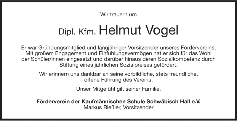  Traueranzeige für Helmut Vogel vom 10.10.2017 aus Haller Tagblatt
