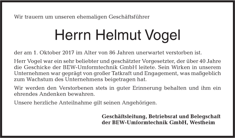  Traueranzeige für Helmut Vogel vom 10.10.2017 aus Haller Tagblatt