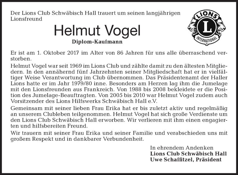  Traueranzeige für Helmut Vogel vom 07.10.2017 aus Haller Tagblatt