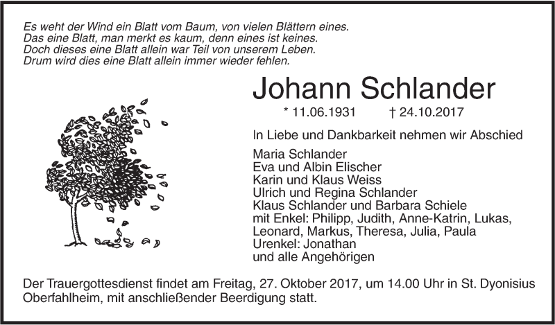  Traueranzeige für Johann Schlander vom 26.10.2017 aus SÜDWEST PRESSE Ausgabe Ulm/Neu-Ulm