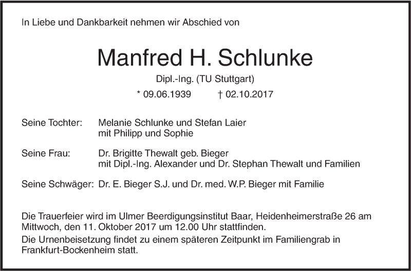  Traueranzeige für Manfred. Schlunke vom 07.10.2017 aus Südwest Presse