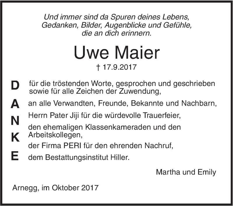 Traueranzeige für Uwe Maier vom 07.10.2017 aus Südwest Presse