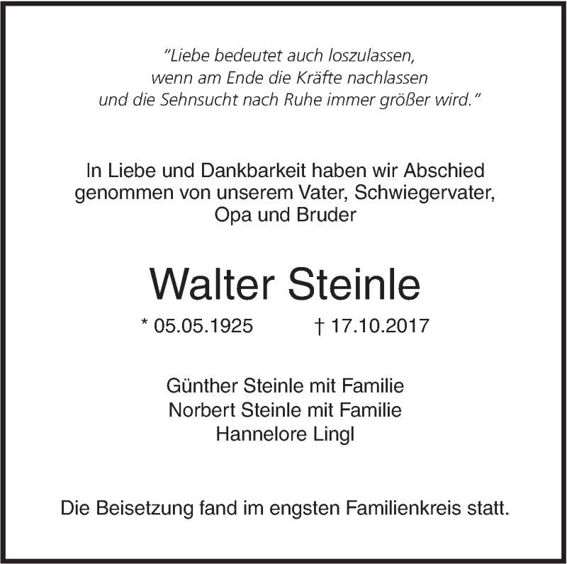  Traueranzeige für Walter Steinle vom 28.10.2017 aus SÜDWEST PRESSE Ausgabe Ulm/Neu-Ulm