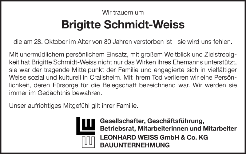  Traueranzeige für Brigitte Schmidt-Weiss vom 03.11.2017 aus Hohenloher Tagblatt
