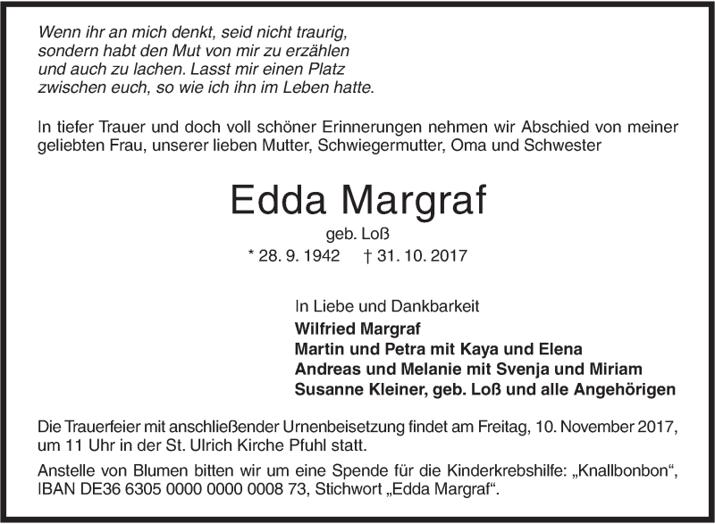 Traueranzeige für Edda Margraf vom 04.11.2017 aus SÜDWEST PRESSE Ausgabe Ulm/Neu-Ulm