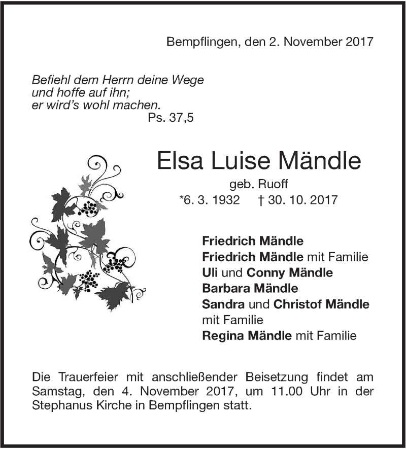  Traueranzeige für Elsa Luise Mändle vom 02.11.2017 aus SÜDWEST PRESSE