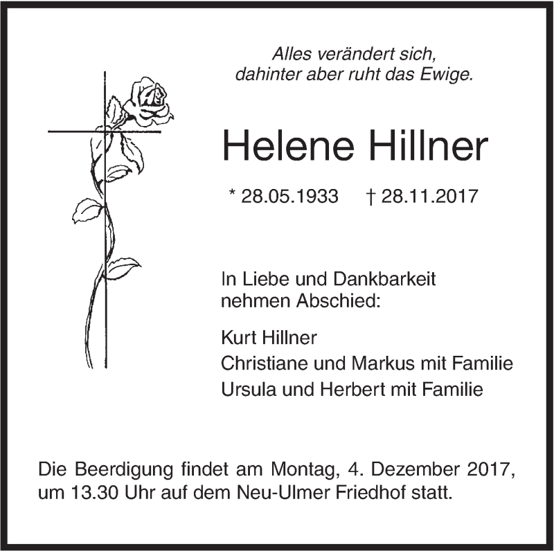  Traueranzeige für Helene Hillner vom 01.12.2017 aus SÜDWEST PRESSE Ausgabe Ulm/Neu-Ulm