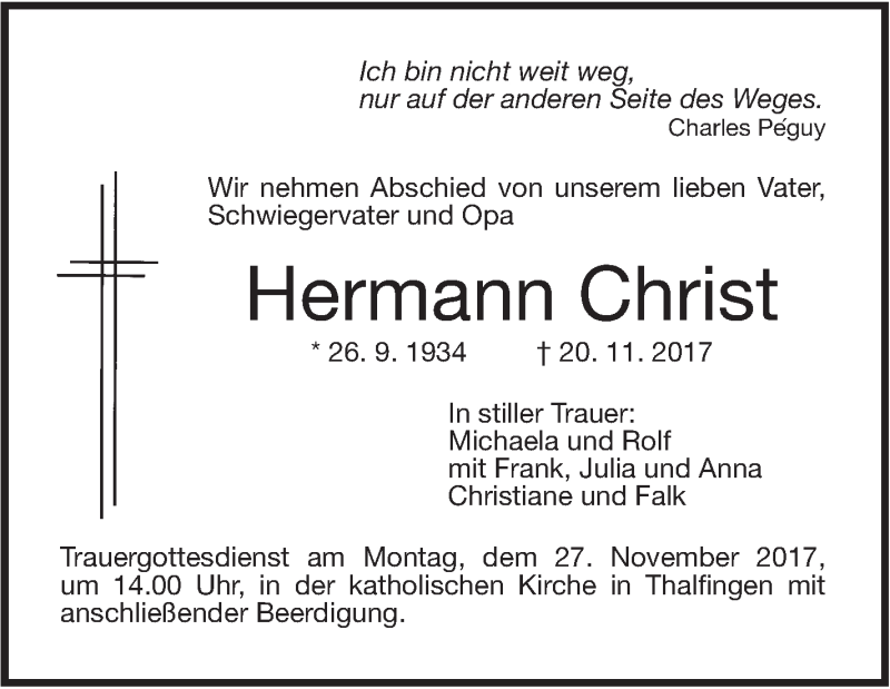  Traueranzeige für Hermann Christ vom 24.11.2017 aus SÜDWEST PRESSE Ausgabe Ulm/Neu-Ulm