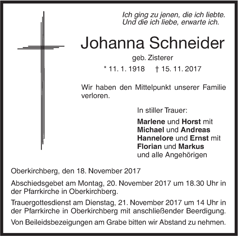  Traueranzeige für Johanna Schneider vom 18.11.2017 aus SÜDWEST PRESSE Ausgabe Ulm/Neu-Ulm