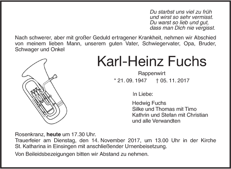  Traueranzeige für Karl-Heinz Fuchs vom 11.11.2017 aus SÜDWEST PRESSE Ausgabe Ulm/Neu-Ulm
