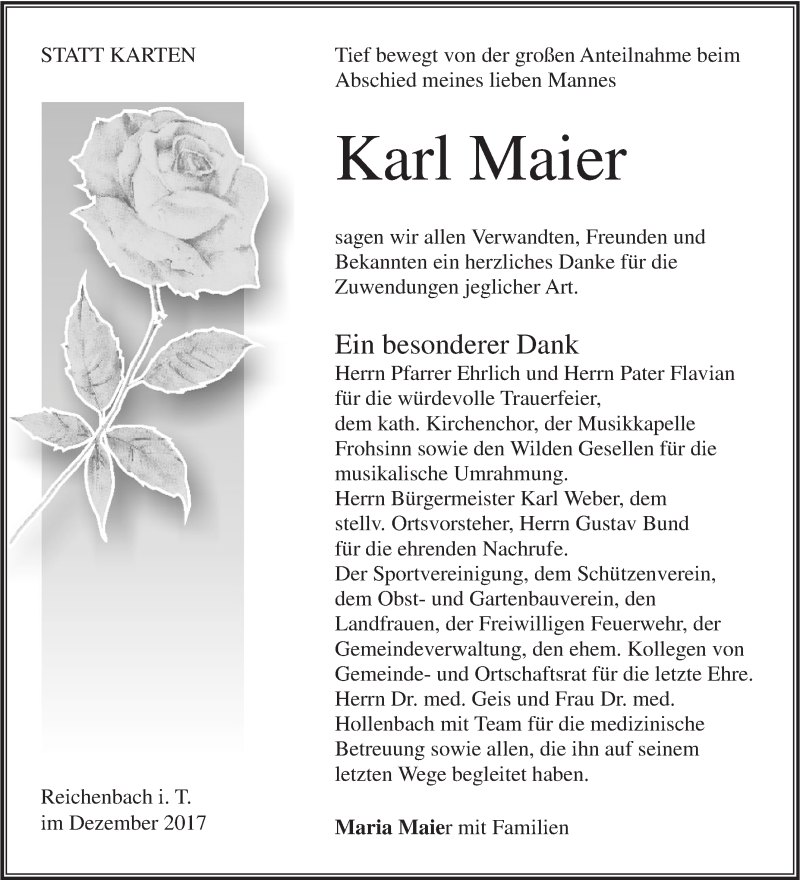  Traueranzeige für Karl Maier vom 02.12.2017 aus NWZ Neue Württembergische Zeitung/Geislinger Zeitung