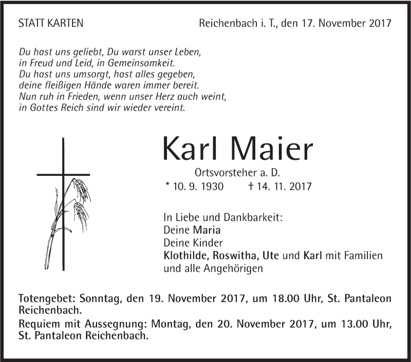  Traueranzeige für Karl Maier vom 17.11.2017 aus NWZ Neue Württembergische Zeitung/Geislinger Zeitung