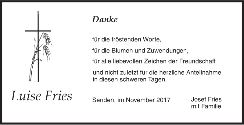  Traueranzeige für Luise Fries vom 25.11.2017 aus SÜDWEST PRESSE Ausgabe Ulm/Neu-Ulm