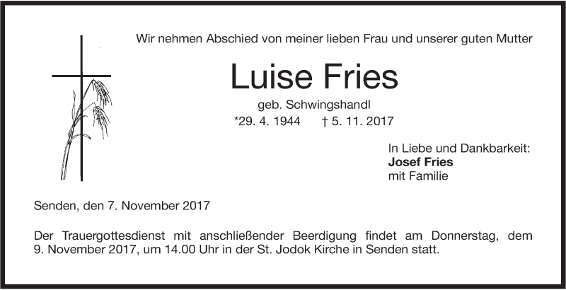  Traueranzeige für Luise Fries vom 07.11.2017 aus SÜDWEST PRESSE Ausgabe Ulm/Neu-Ulm