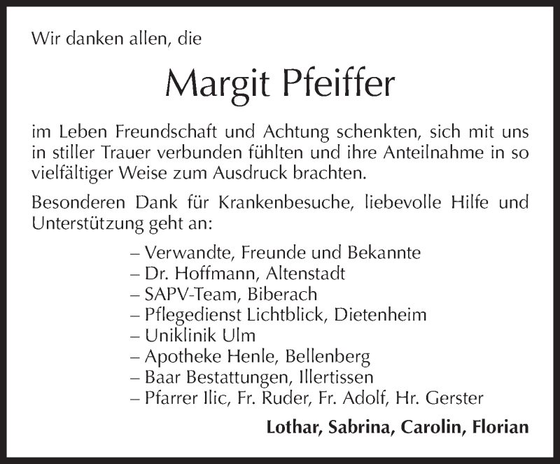  Traueranzeige für Margit Pfeiffer vom 24.11.2017 aus SÜDWEST PRESSE