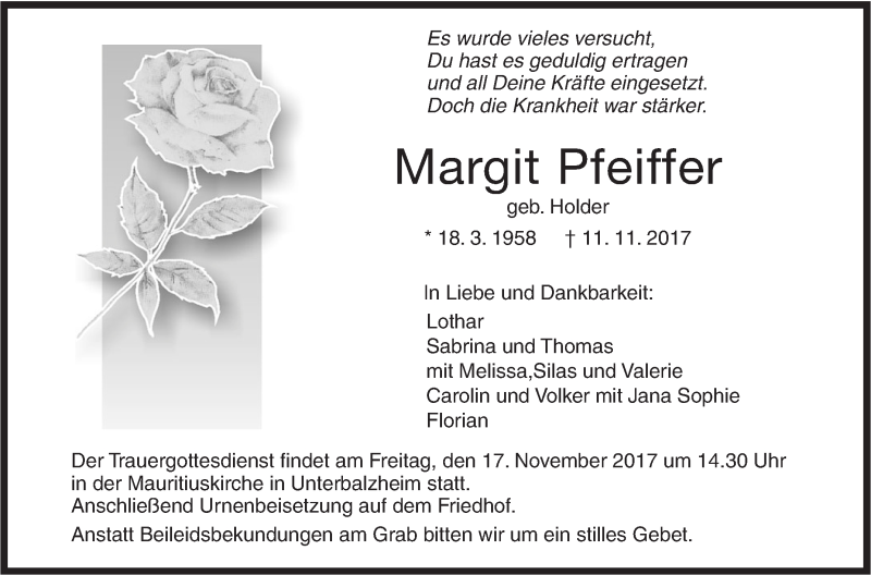  Traueranzeige für Margit Pfeiffer vom 15.11.2017 aus Illertal Bote