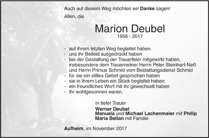 Traueranzeige für Marion Deubel vom 24.11.2017 aus SÜDWEST PRESSE Ausgabe Ulm/Neu-Ulm