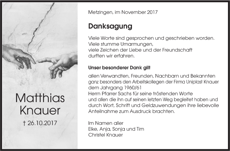  Traueranzeige für Matthias Knauer vom 18.11.2017 aus Metzinger-Uracher Volksblatt