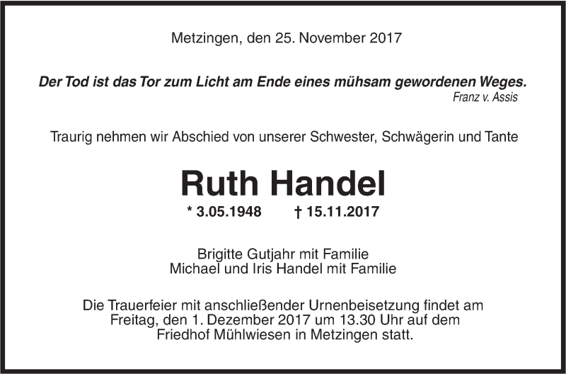  Traueranzeige für Ruth Handel vom 25.11.2017 aus Metzinger-Uracher Volksblatt