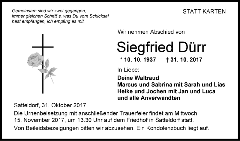  Traueranzeige für Siegfried Dürr vom 11.11.2017 aus Hohenloher Tagblatt