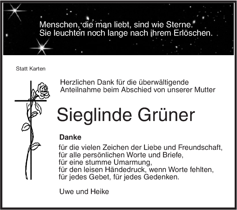  Traueranzeige für Sieglinde Grüner vom 25.11.2017 aus SÜDWEST PRESSE Ausgabe Ulm/Neu-Ulm