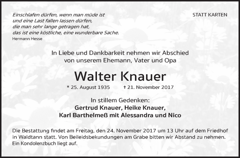  Traueranzeige für Walter Knauer vom 23.11.2017 aus Hohenloher Tagblatt