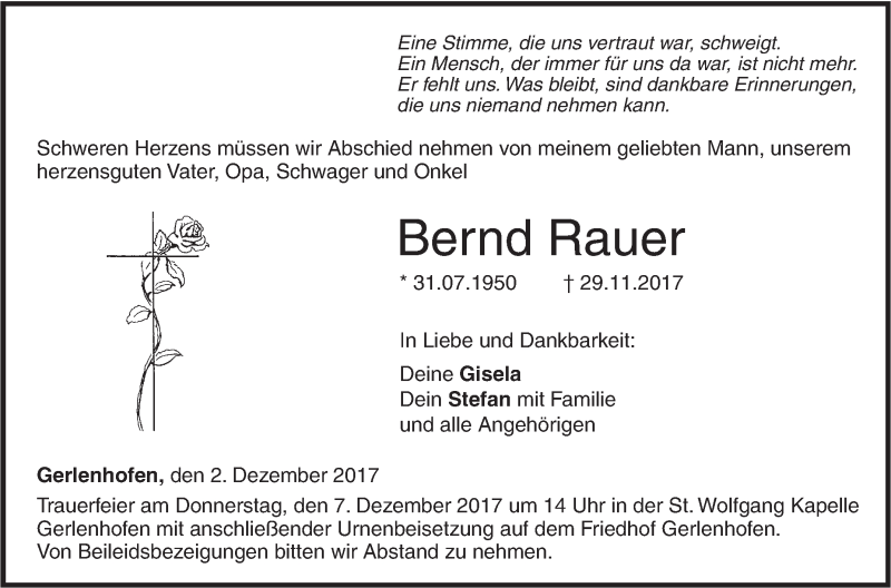  Traueranzeige für Bernd Rauer vom 02.12.2017 aus SÜDWEST PRESSE Ausgabe Ulm/Neu-Ulm