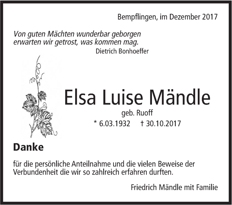  Traueranzeige für Elsa Luise Mändle vom 02.12.2017 aus Metzinger-Uracher Volksblatt