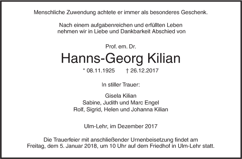  Traueranzeige für Hanns-Georg Kilian vom 30.12.2017 aus SÜDWEST PRESSE Ausgabe Ulm/Neu-Ulm
