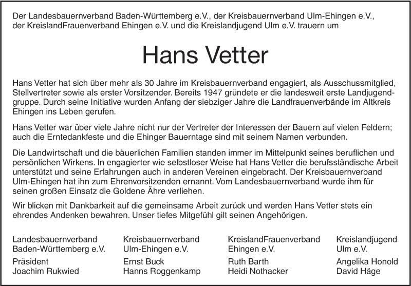  Traueranzeige für Hans Vetter vom 07.12.2017 aus SÜDWEST PRESSE Ausgabe Ulm/Neu-Ulm