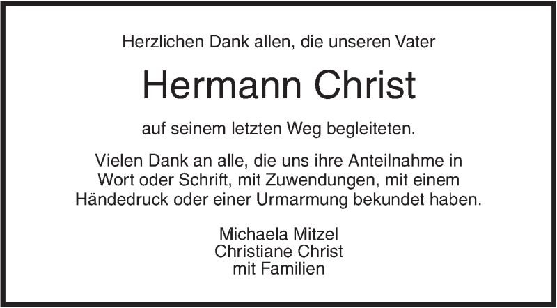  Traueranzeige für Hermann Christ vom 22.12.2017 aus SÜDWEST PRESSE Ausgabe Ulm/Neu-Ulm
