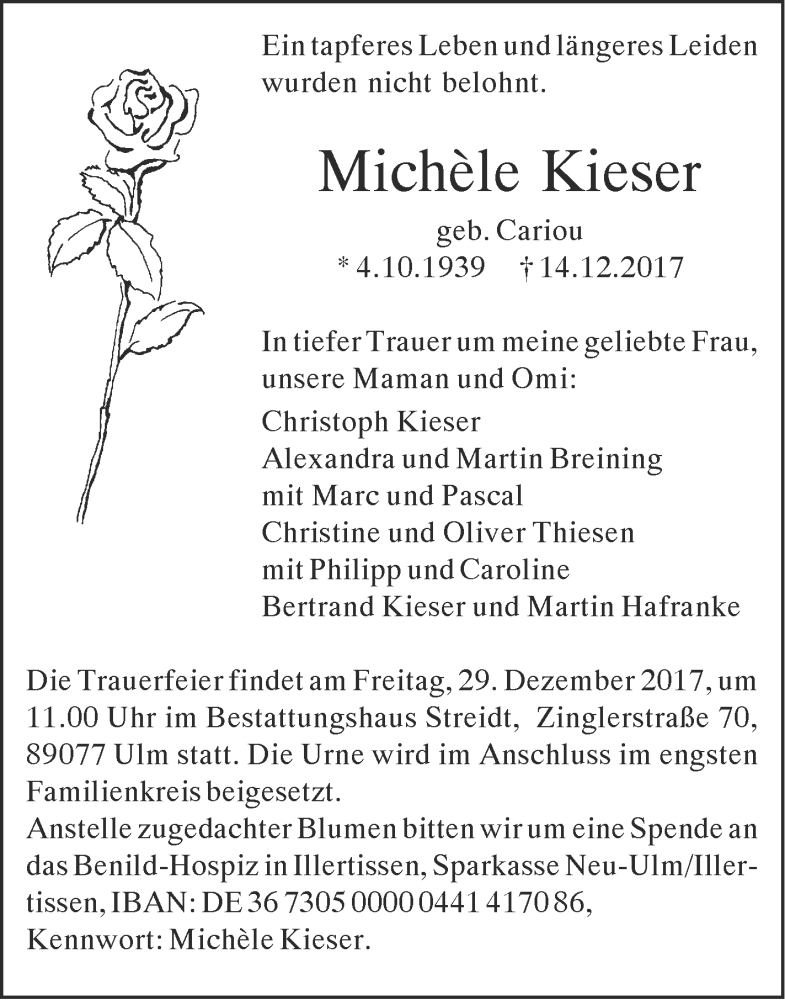  Traueranzeige für Michèle Kieser vom 23.12.2017 aus SÜDWEST PRESSE Ausgabe Ulm/Neu-Ulm