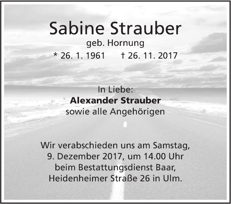  Traueranzeige für Sabine Strauber vom 05.12.2017 aus SÜDWEST PRESSE Ausgabe Ulm/Neu-Ulm