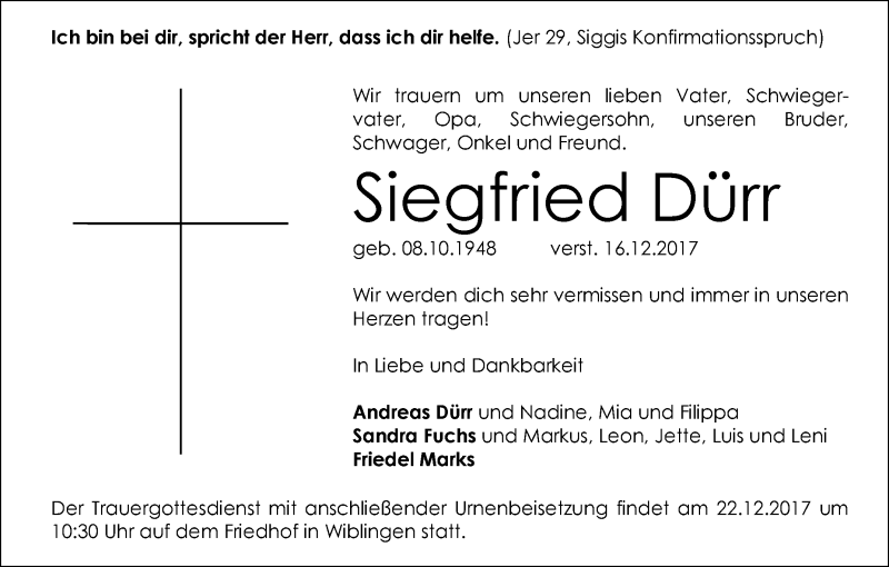  Traueranzeige für Siegfried Dürr vom 20.12.2017 aus SÜDWEST PRESSE Ausgabe Ulm/Neu-Ulm
