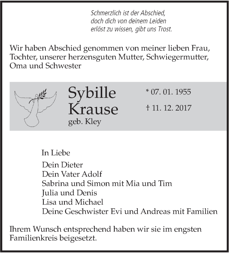  Traueranzeige für Sybille Krause vom 21.12.2017 aus SÜDWEST PRESSE Ausgabe Ulm/Neu-Ulm