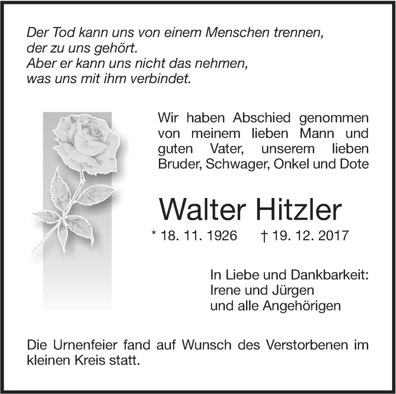  Traueranzeige für Walter Hitzler vom 05.01.2018 aus SÜDWEST PRESSE Ausgabe Ulm/Neu-Ulm