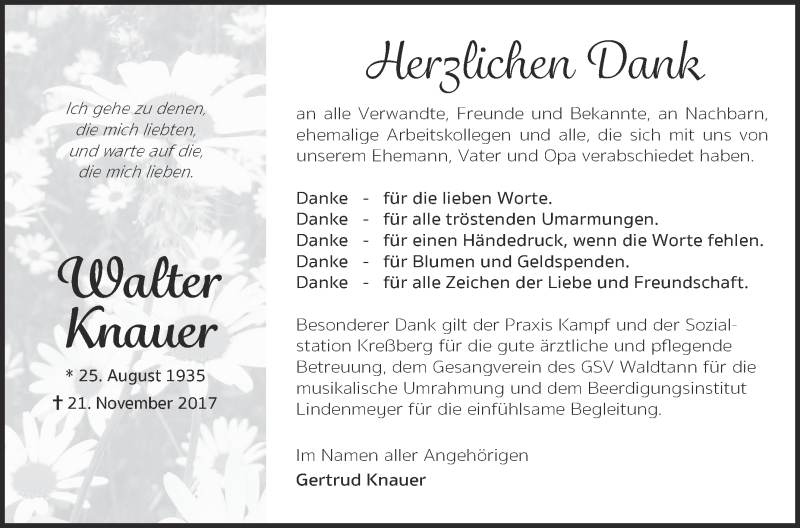  Traueranzeige für Walter Knauer vom 09.12.2017 aus Hohenloher Tagblatt