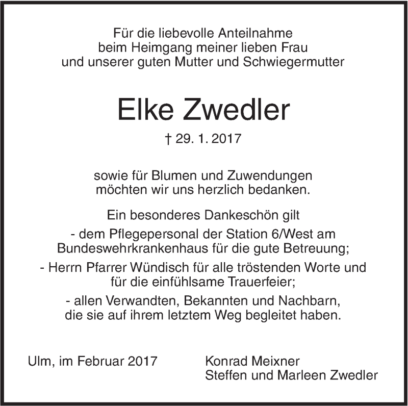  Traueranzeige für Elke Zwedler vom 18.02.2017 aus Südwest Presse