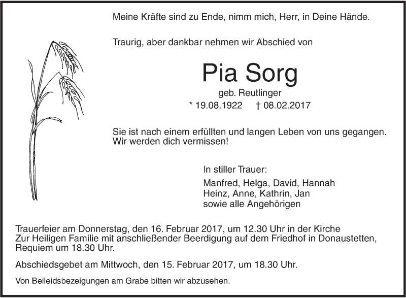  Traueranzeige für Pia Sorg vom 13.02.2017 aus Südwest Presse