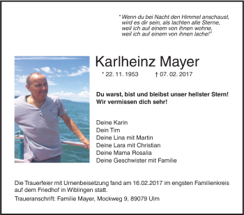 Traueranzeige von Karlheinz Mayer von Südwest Presse