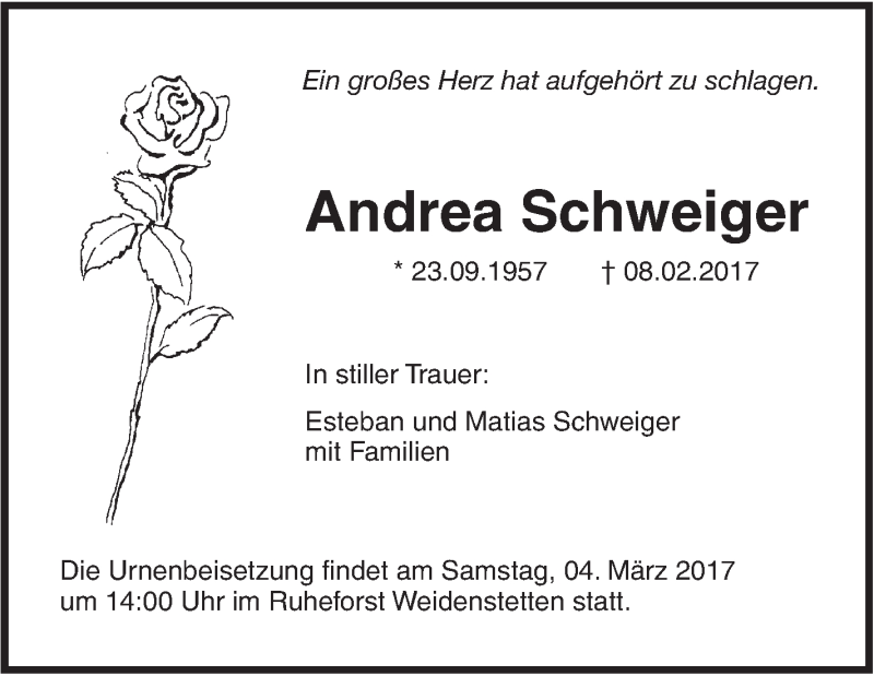  Traueranzeige für Andrea Schweiger vom 02.03.2017 aus Südwest Presse