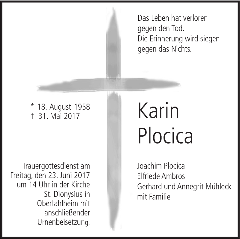  Traueranzeige für Karin Plocica vom 03.06.2017 aus Südwest Presse