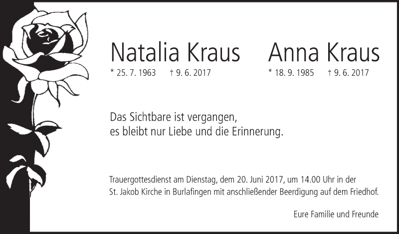  Traueranzeige für Natalia Kraus vom 17.06.2017 aus Südwest Presse