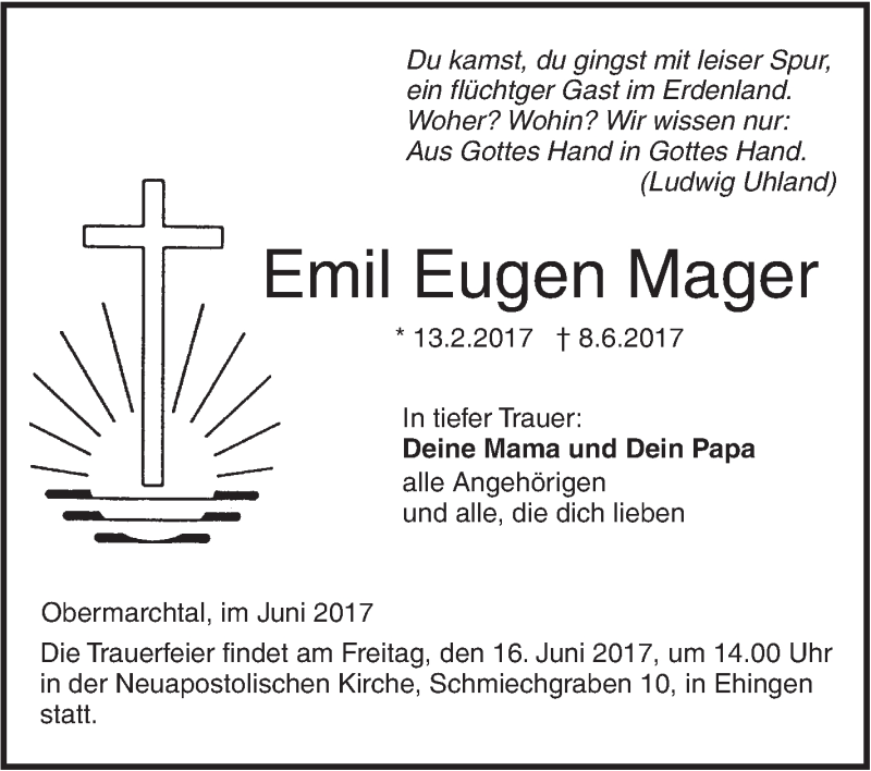  Traueranzeige für Emil Eugen Mager vom 14.06.2017 aus Ehinger Tagblatt